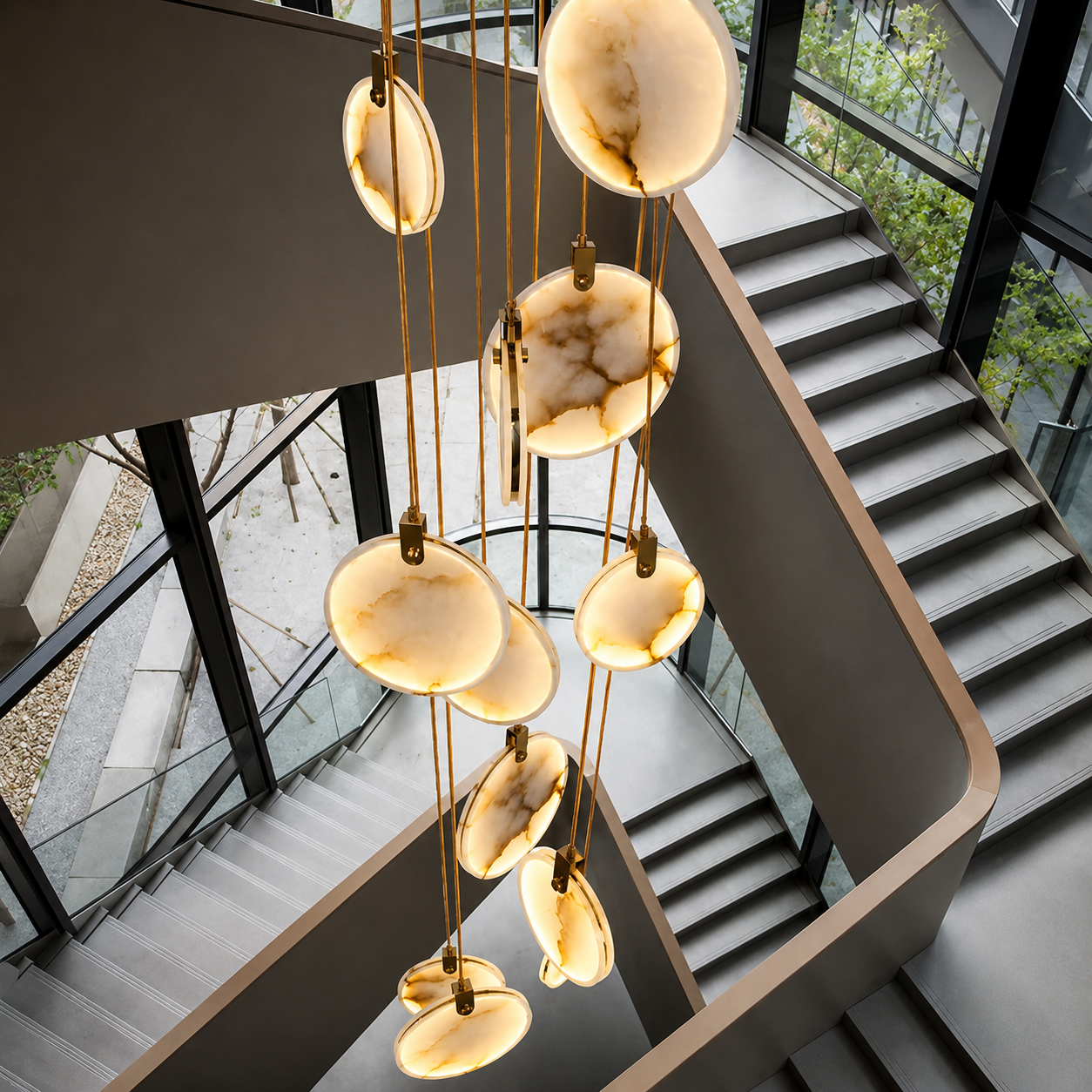 The Cascade alabaster disc chandelier for stairways — Selden Home (8)
