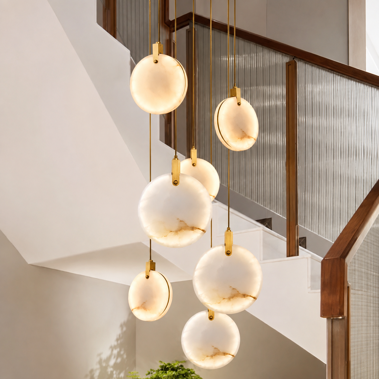 The Cascade alabaster disc chandelier for stairways — Selden Home (4)