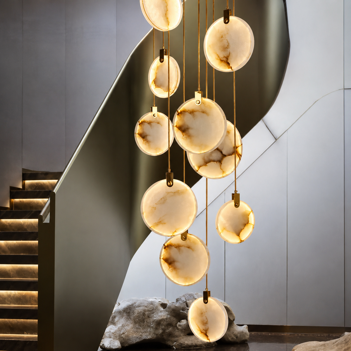 The Cascade alabaster disc chandelier for stairways — Selden Home (5)