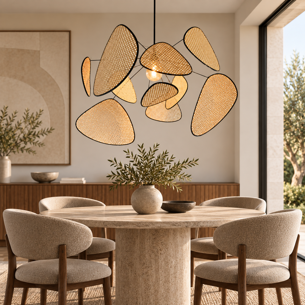 The Orrery Chandelier, Ø 80 cm, above a travertine-style dining table