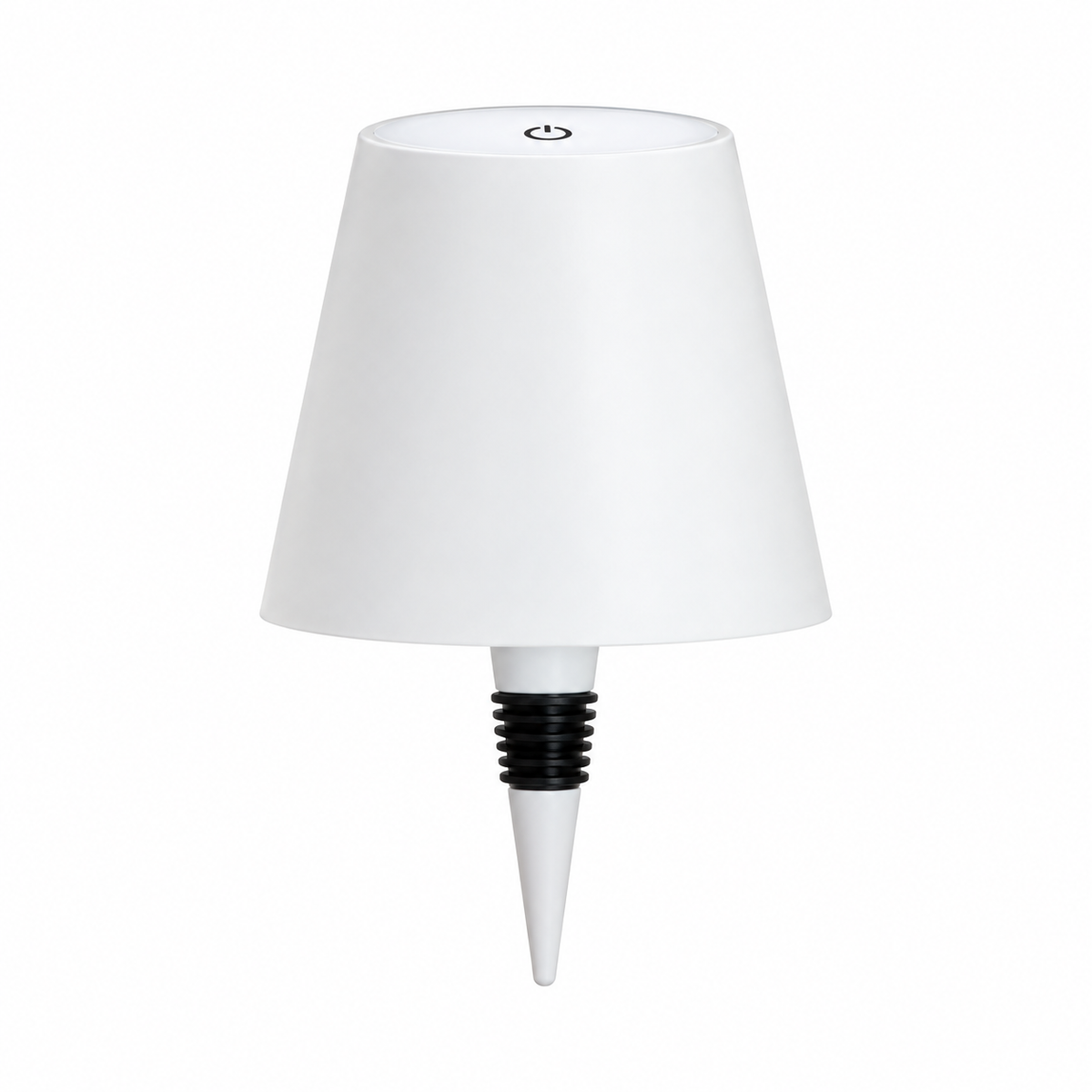 The Vesper cordless bottle lamp head in Pearl white with ribbed bottle stopper