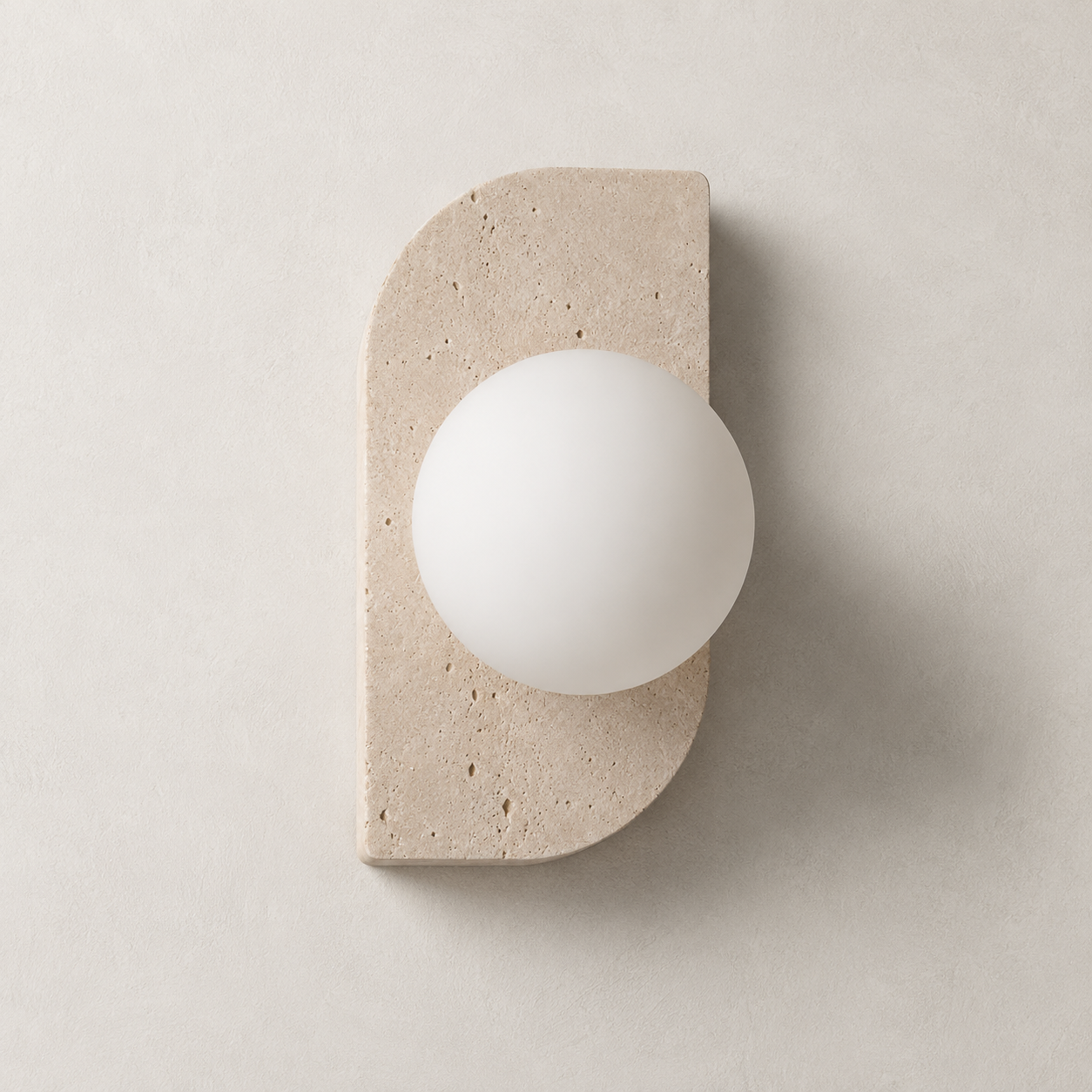 The Abacus, travertine bar wall light with opal glass globes — Selden Home product photography