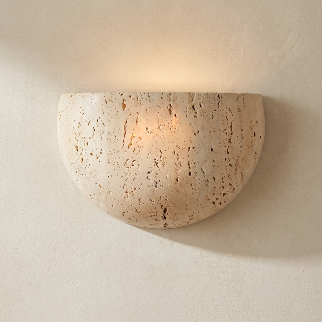 The Crescent, half-moon travertine wall light carved from natural stone — Selden Home product photography