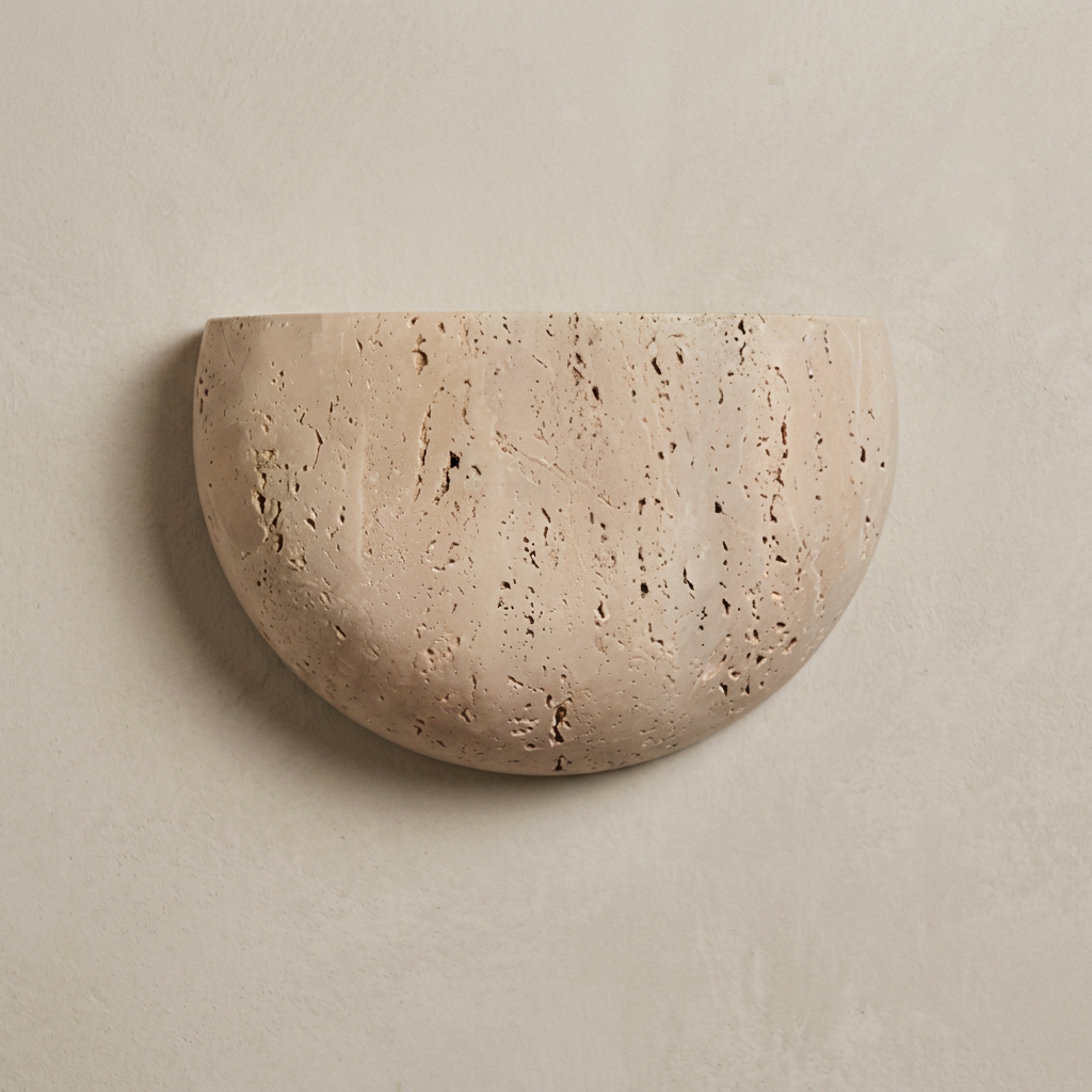 The Crescent, travertine wall light, unlit, showing the natural stone grain — Selden Home product photography