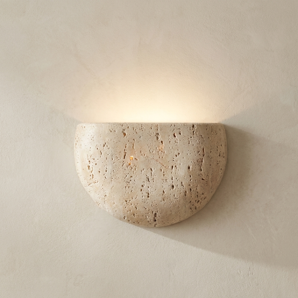 The Crescent, detail of the natural travertine stone texture, lit — Selden Home product photography