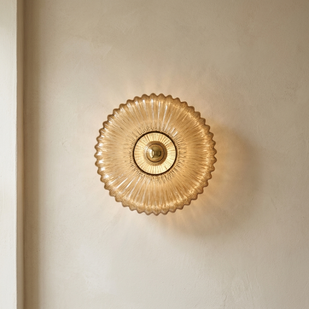 The Sunburst, ribbed amber blown-glass wall light throwing a fan of light rays — Selden Home product photography