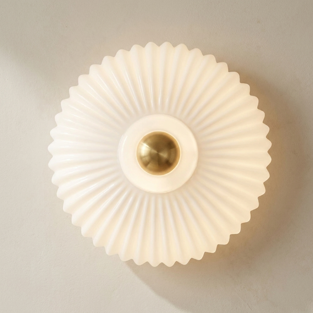The Sunburst, ribbed white blown-glass wall light throwing a fan of light rays — Selden Home product photography