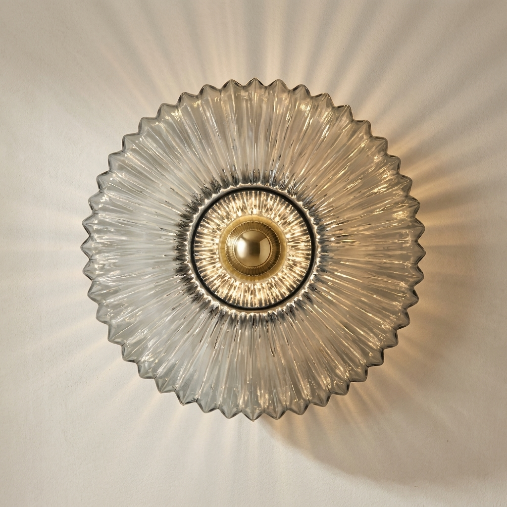 The Sunburst, ribbed smoke grey blown-glass wall light throwing a fan of light rays — Selden Home product photography