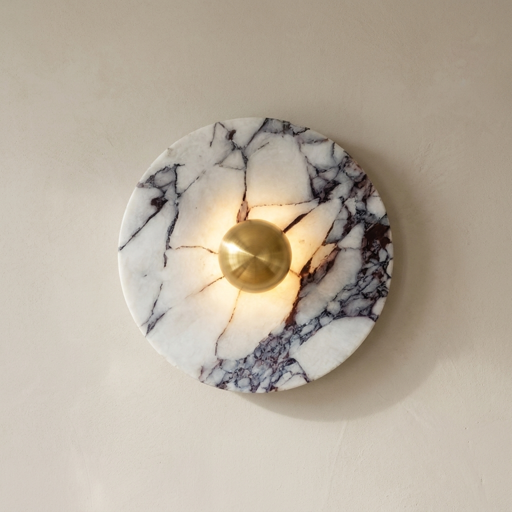 The Orb wall light in gold-tone marble finish, lit, on a lime-washed plaster wall — Selden Home product photography