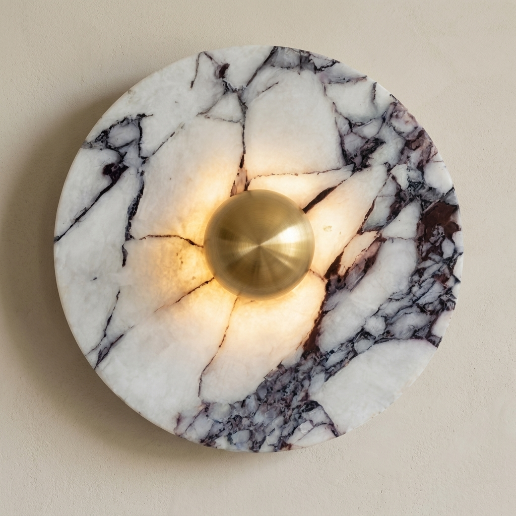 The Orb wall light in gold-tone marble finish, close-up marble texture and brass dome detail — Selden Home product photography