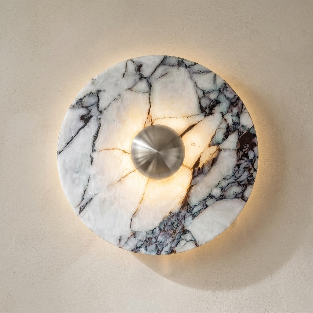 The Orb wall light in silver-tone marble finish, lit, on a lime-washed plaster wall — Selden Home product photography