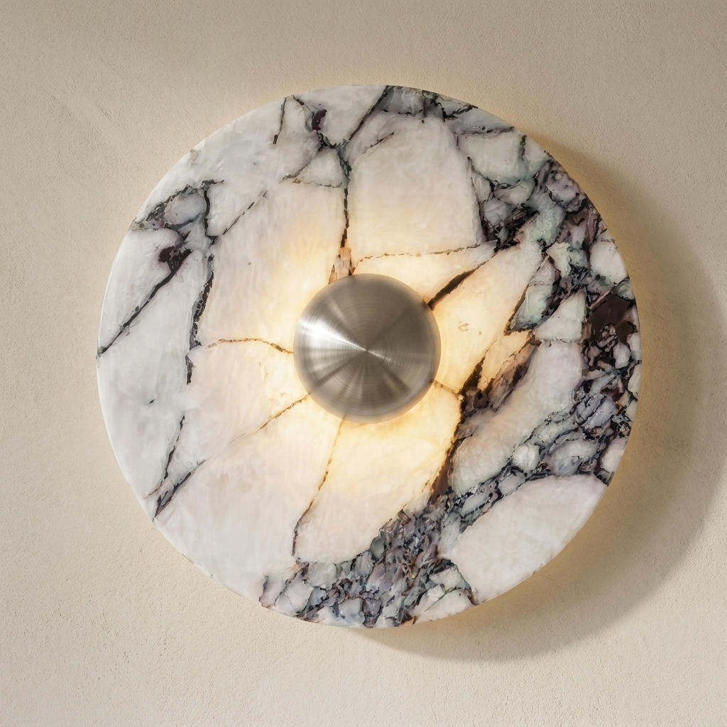 The Orb wall light in silver-tone marble finish, close-up marble texture and nickel dome detail — Selden Home product photography
