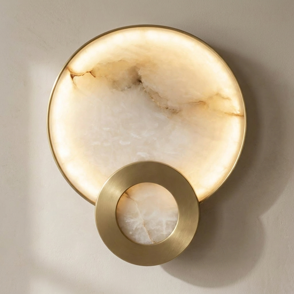The Eclipse close-up detail of the backlit marble veining and matte gold ring — Selden Home product photography