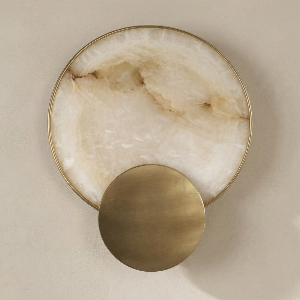 The Eclipse marble wall light with gold ring, unlit, on a lime-washed plaster wall — Selden Home product photography