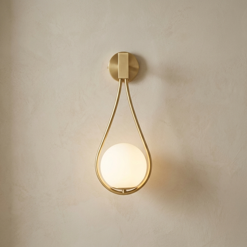 The Droplet gold teardrop wall light with opal glass globe, lit, on a lime-washed plaster wall — Selden Home product photography