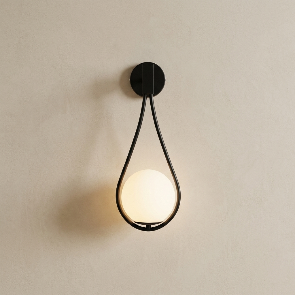 The Droplet matte black teardrop wall light with opal glass globe, lit, on a lime-washed plaster wall — Selden Home product photography