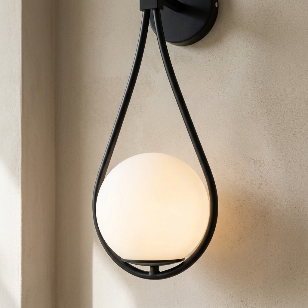 The Droplet close-up detail of matte black teardrop frame and glass globe — Selden Home product photography