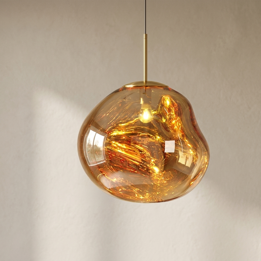 The Ember gold molten glass pendant light, lit, in front of a lime-washed plaster wall — Selden Home product photography