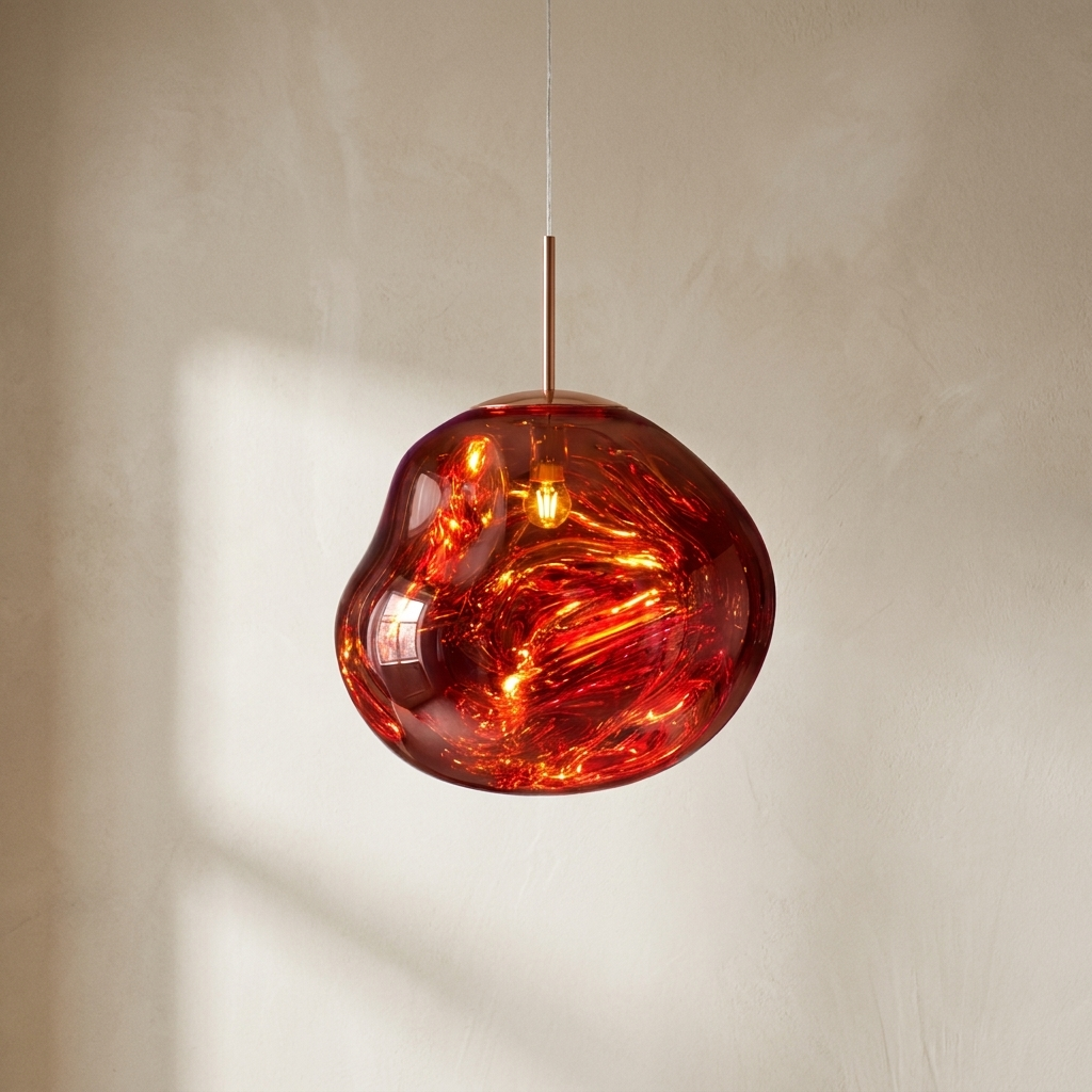 The Ember red molten glass pendant light, lit, in front of a lime-washed plaster wall — Selden Home product photography