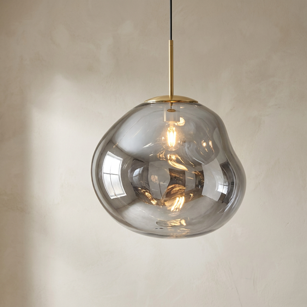 The Ember silver molten glass pendant light, lit, in front of a lime-washed plaster wall — Selden Home product photography