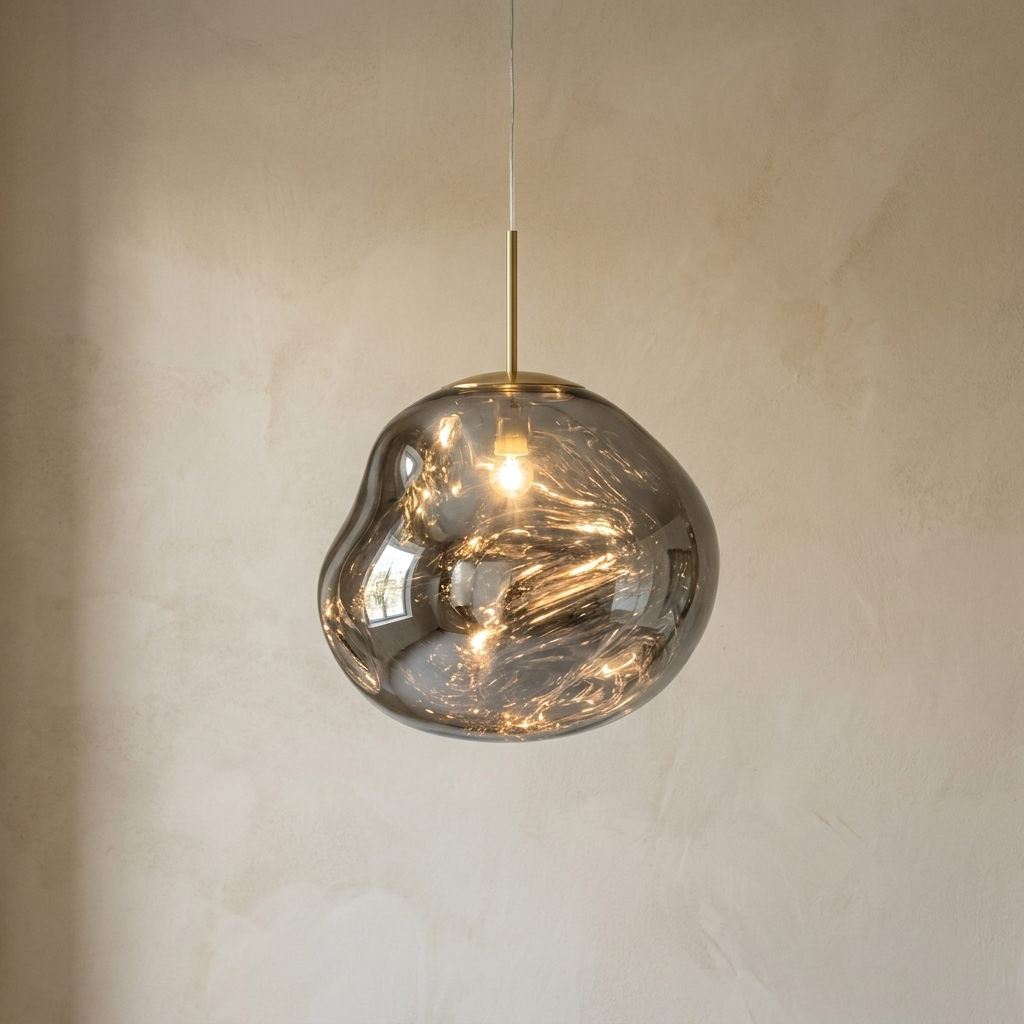 The Ember smoke grey molten glass pendant light, lit, in front of a lime-washed plaster wall — Selden Home product photography