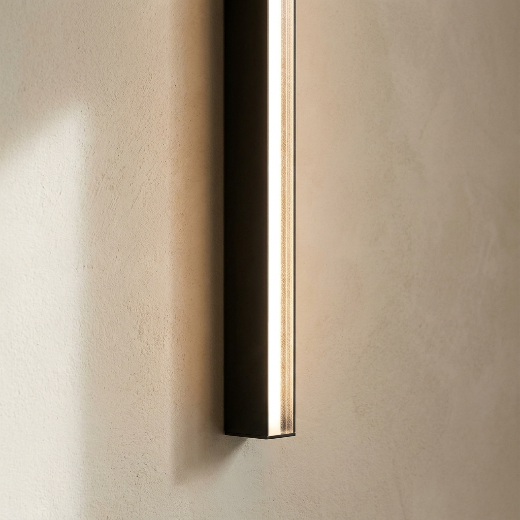 The Beacon close-up detail of the metal body and diffuser strip — Selden Home product photography