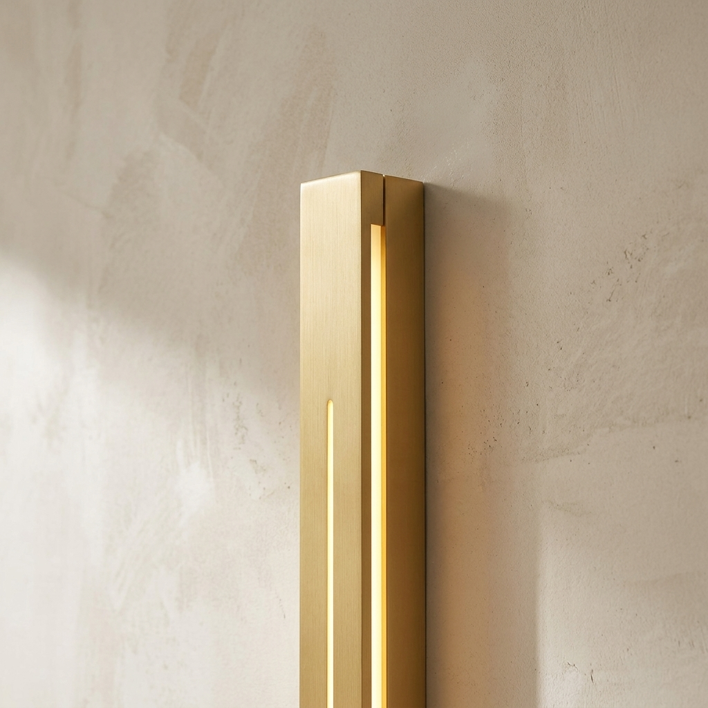 The Beam close-up detail of the gold metal edge and light line — Selden Home product photography
