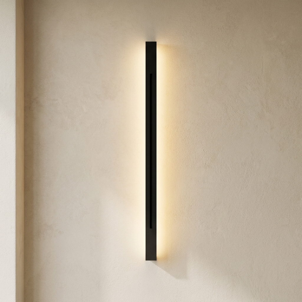The Beam matte black linear LED wall light, lit, on a lime-washed plaster wall — Selden Home product photography