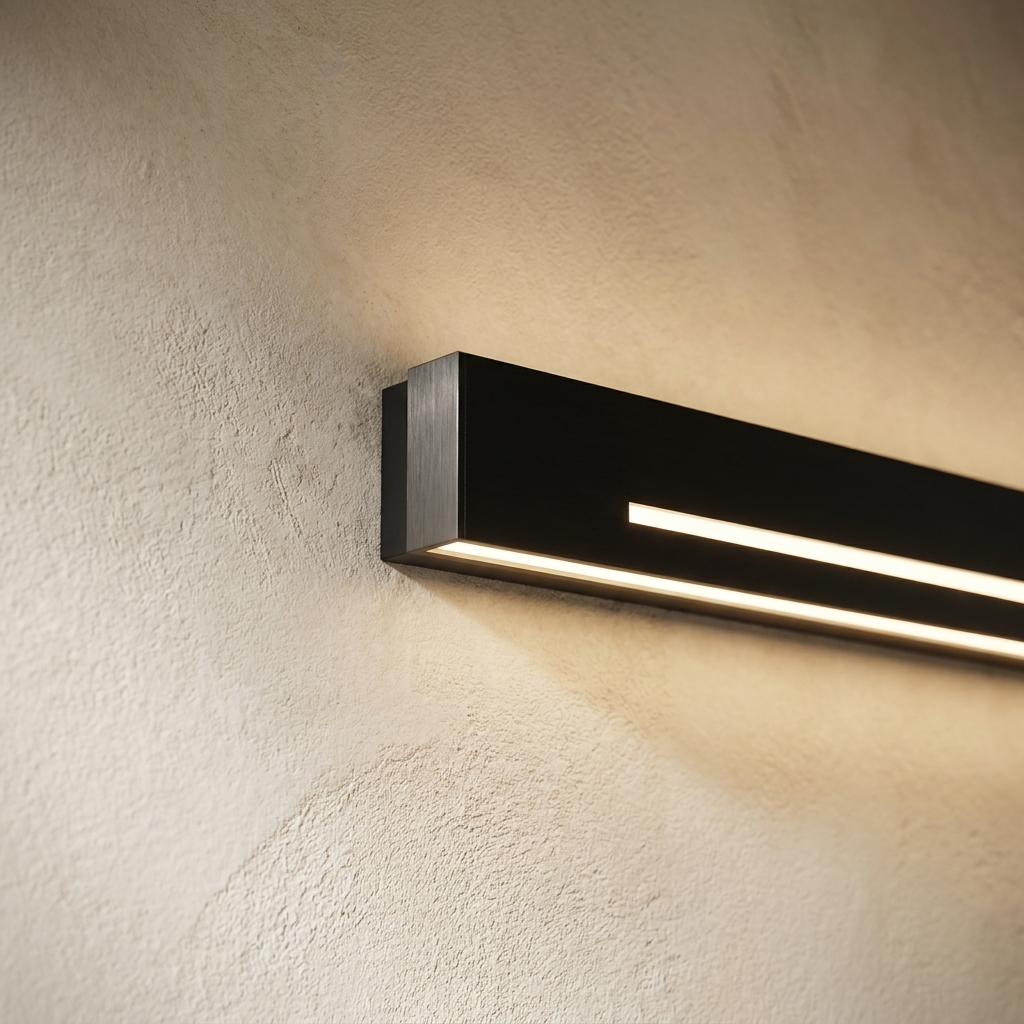 The Beam close-up detail of the matte black metal edge and light line — Selden Home product photography