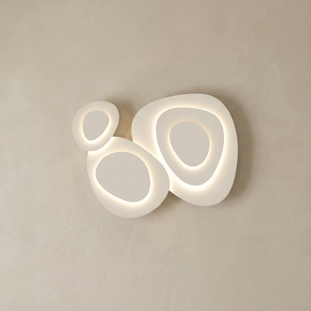 The Nimbus white cloud-shaped flush ceiling light, lit, against a lime-washed plaster ceiling — Selden Home product photography