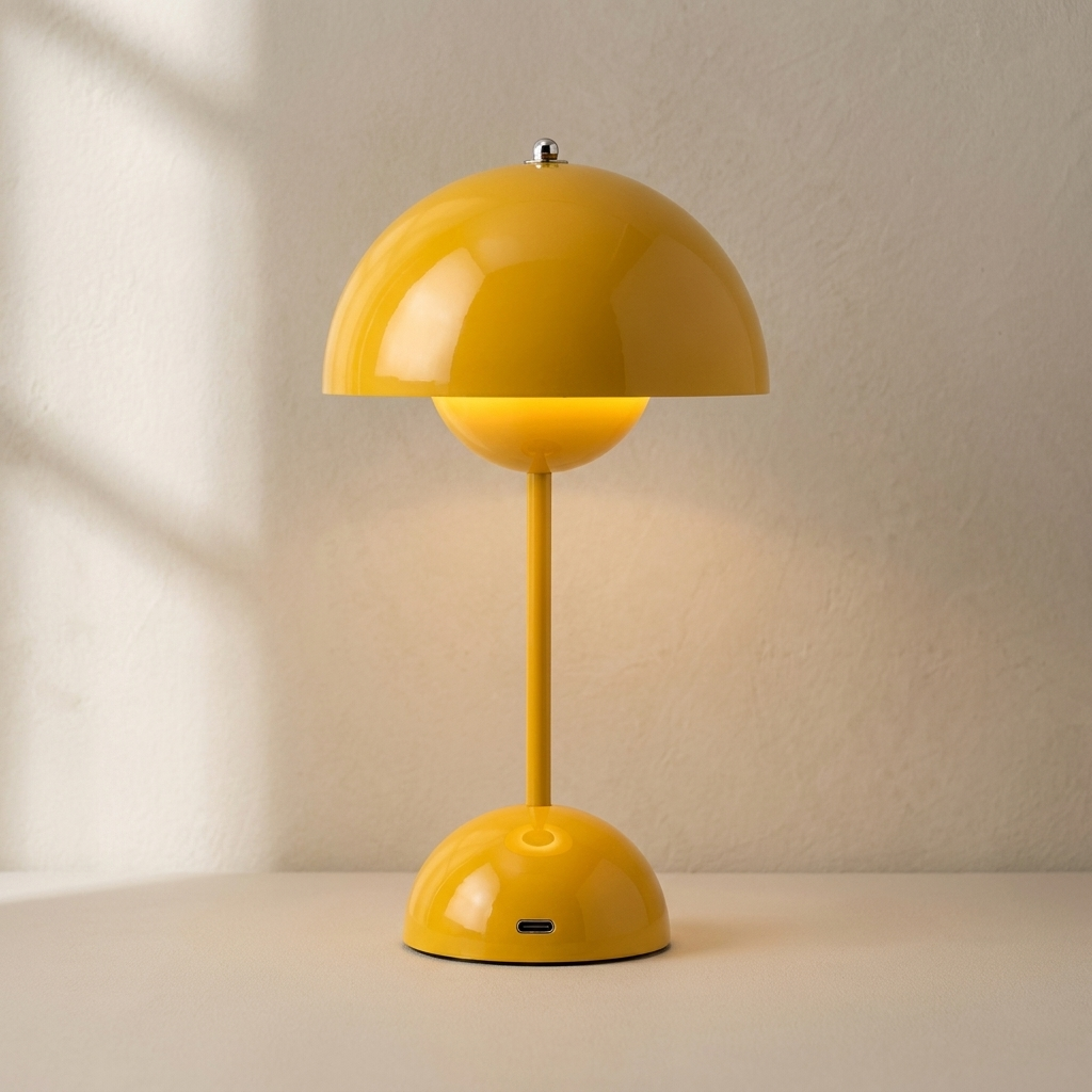 The Nomad yellow cordless mushroom table lamp, lit, standing on a surface in front of a lime-washed plaster wall — Selden Home product photography