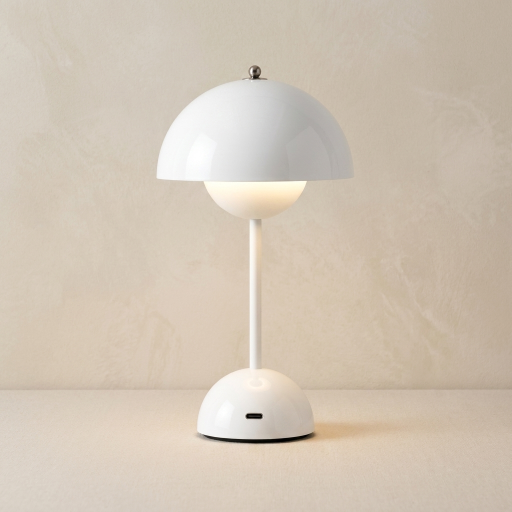 The Nomad white cordless mushroom table lamp, lit, standing on a surface in front of a lime-washed plaster wall — Selden Home product photography