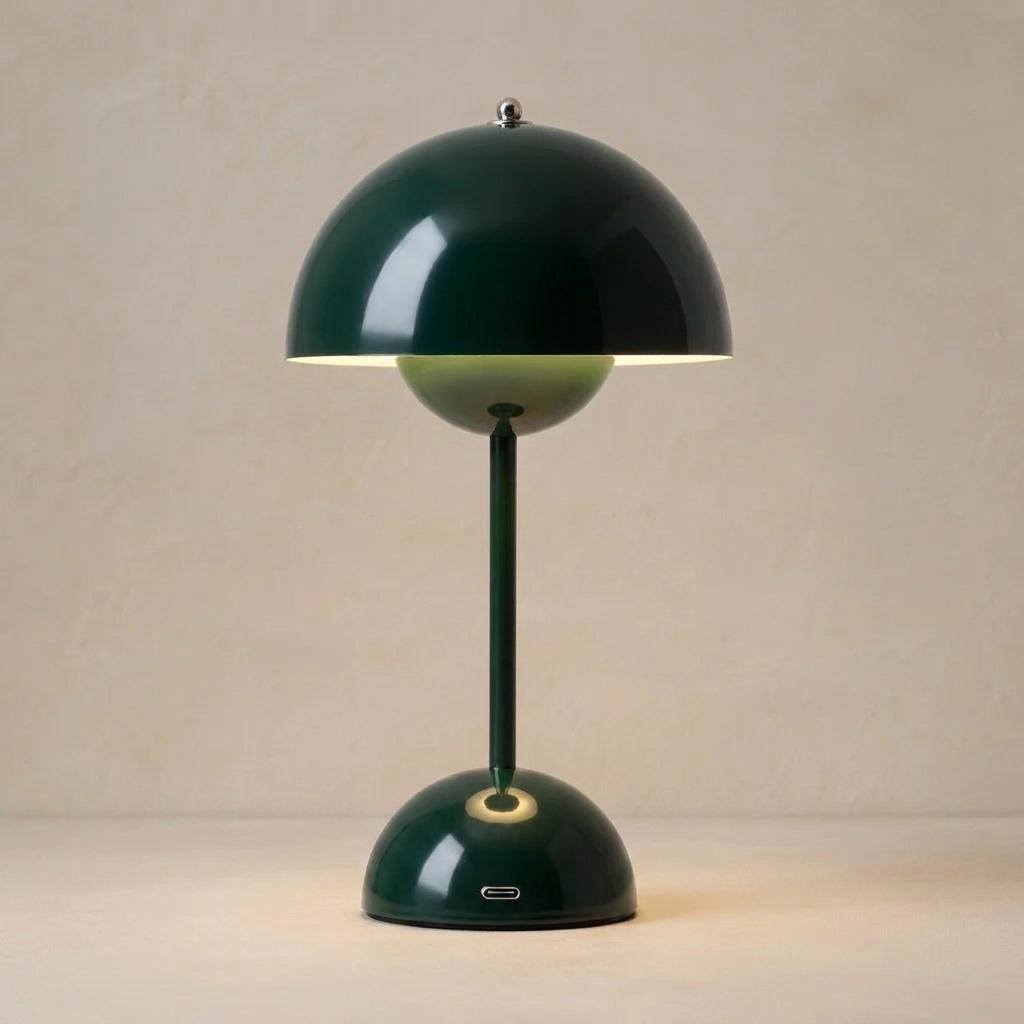 The Nomad dark green cordless mushroom table lamp, lit, standing on a surface in front of a lime-washed plaster wall — Selden Home product photography