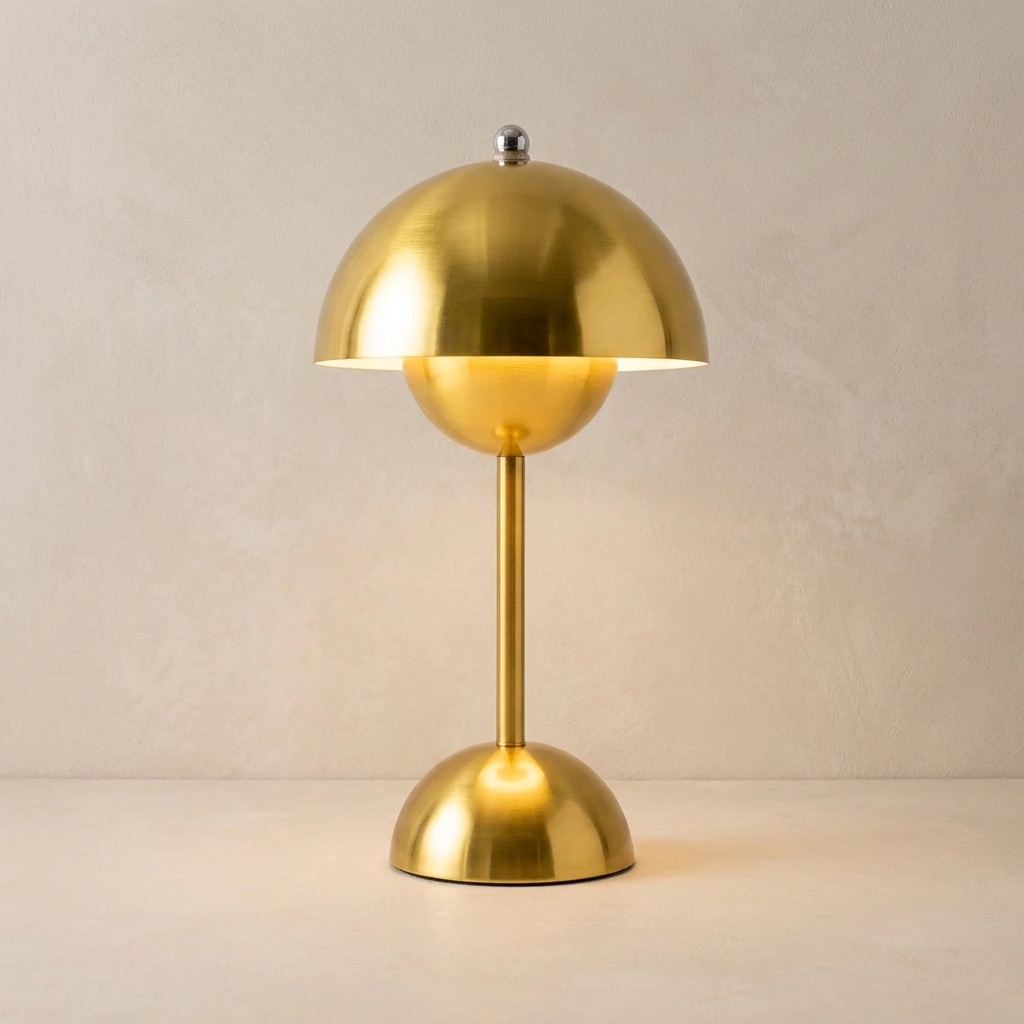 The Nomad gold cordless mushroom table lamp, lit, standing on a surface in front of a lime-washed plaster wall — Selden Home product photography