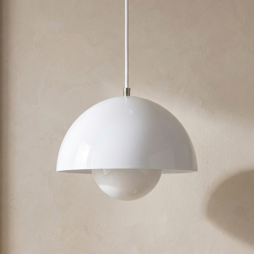 The Bonnet white mushroom pendant light, close-up detail of lacquer finish and canopy — Selden Home product photography
