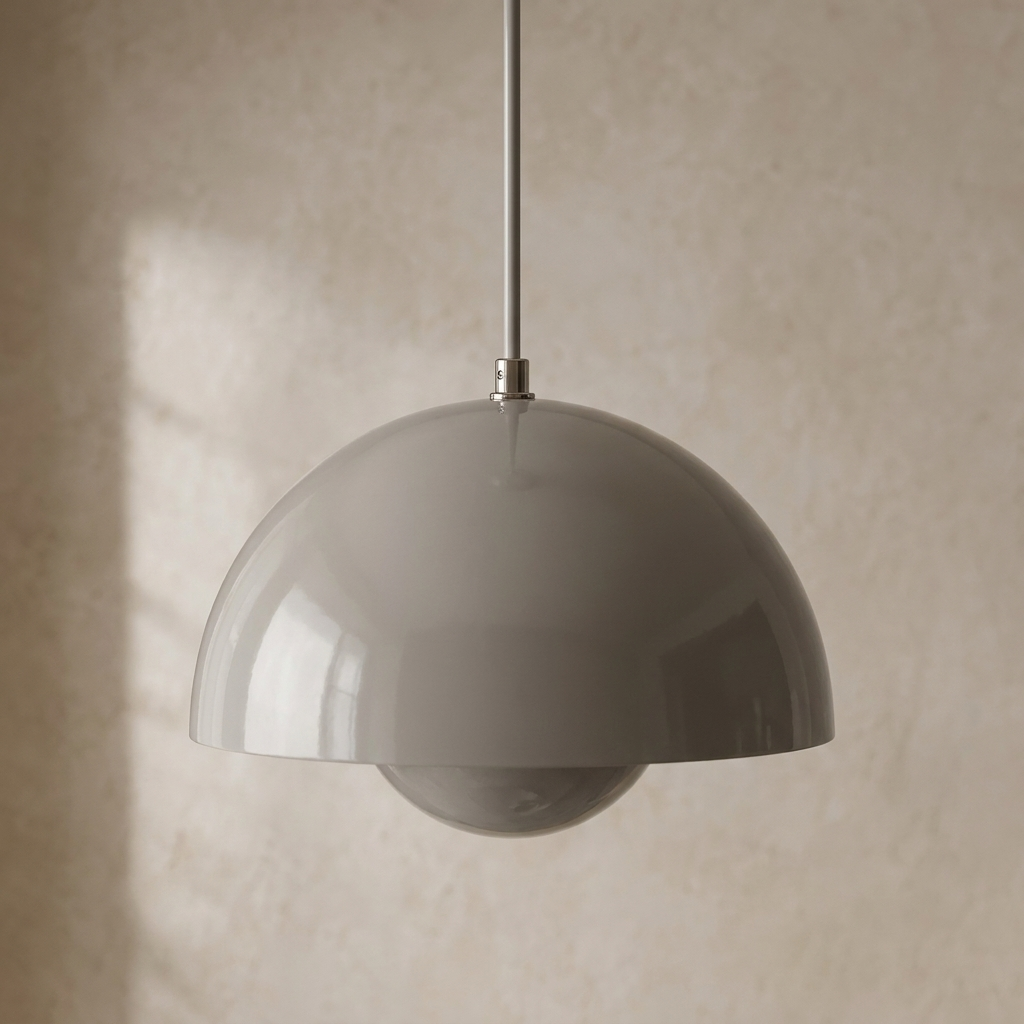 The Bonnet grey mushroom pendant light, close-up detail of lacquer finish and canopy — Selden Home product photography