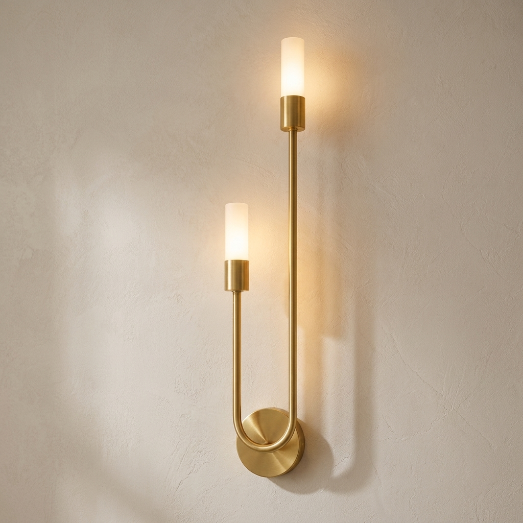 The Twin gold twin-arm wall sconce with staggered frosted glass tube diffusers, lit, mounted on a lime-washed plaster wall — Selden Home product photography