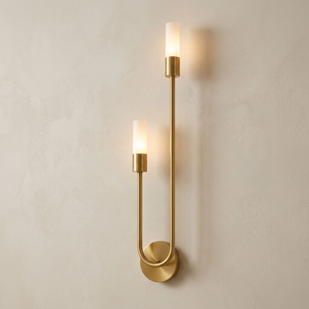 The Twin gold twin-arm wall sconce, close-up detail of arm and frosted glass diffuser — Selden Home product photography