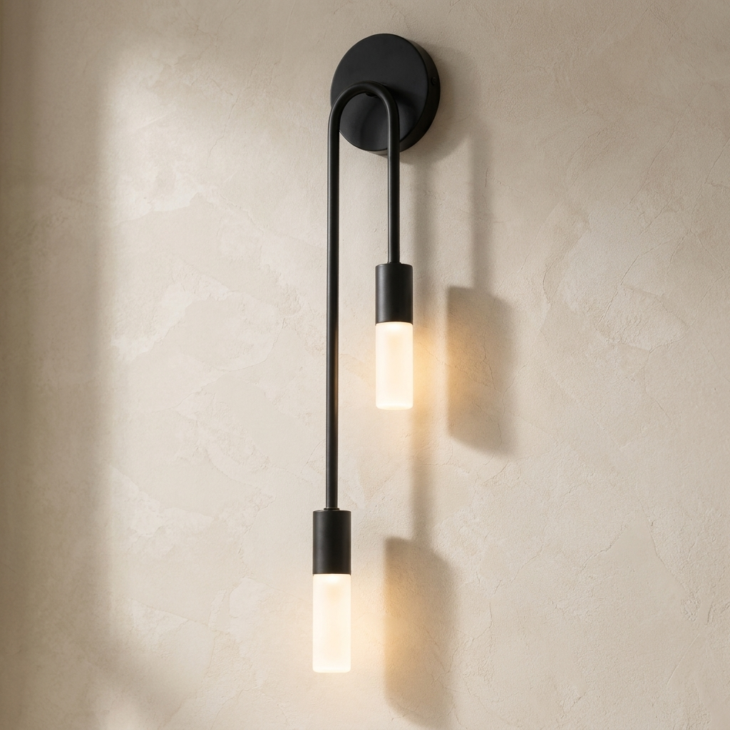 The Twin black twin-arm wall sconce with staggered frosted glass tube diffusers, lit, mounted on a lime-washed plaster wall — Selden Home product photography