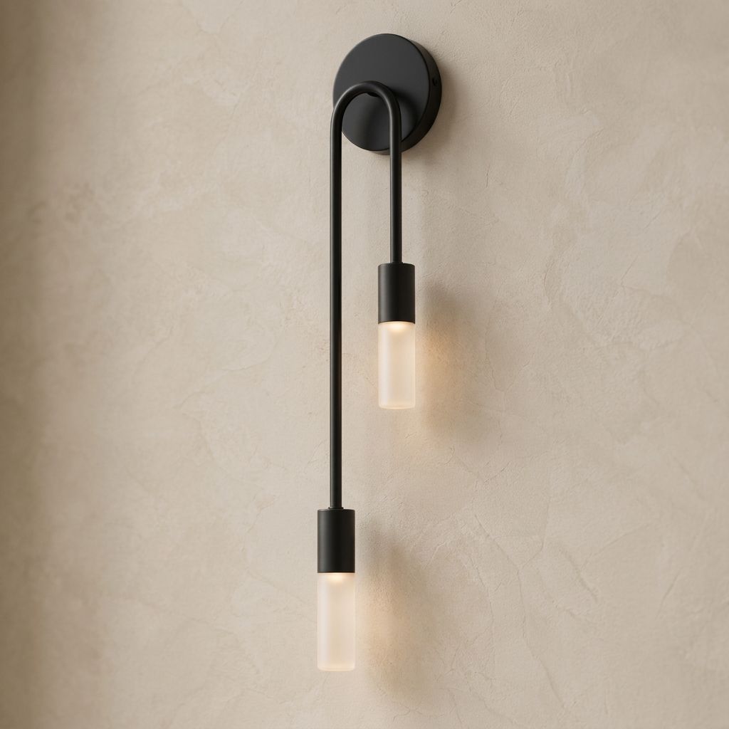 The Twin black twin-arm wall sconce, close-up detail of arm and frosted glass diffuser — Selden Home product photography