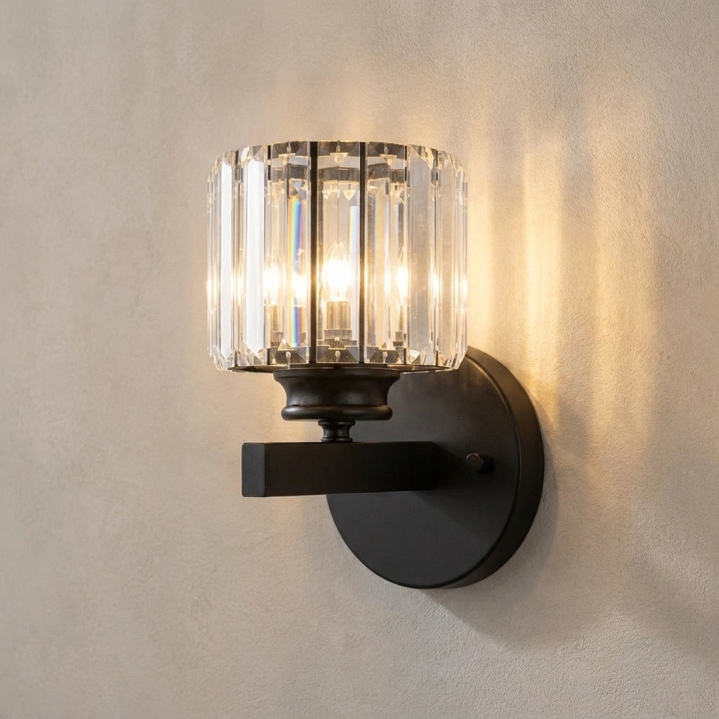 The Prism black art deco crystal wall sconce, close-up detail of faceted K9 crystal — Selden Home product photography