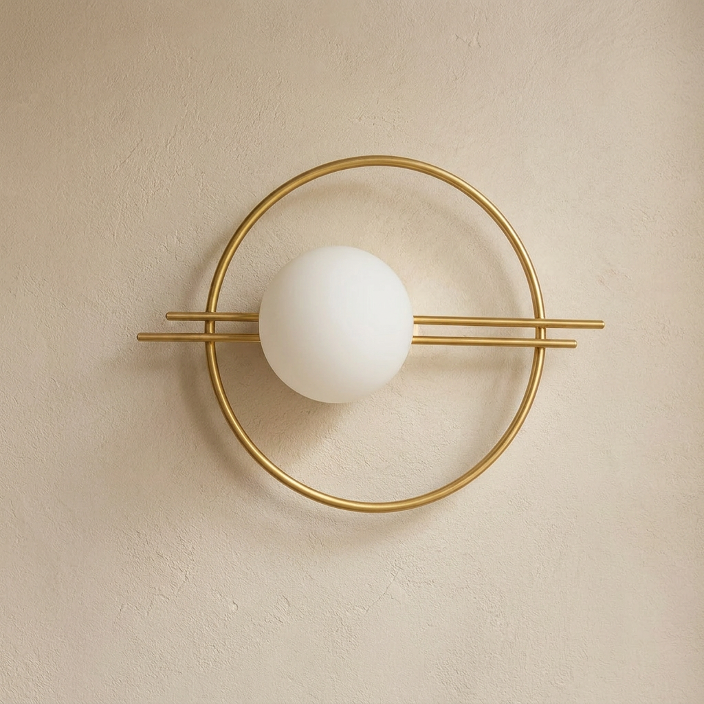 The Ring, gold iron wall sconce with frosted opal glass globe, mounted on plaster wall — Selden Home product photography