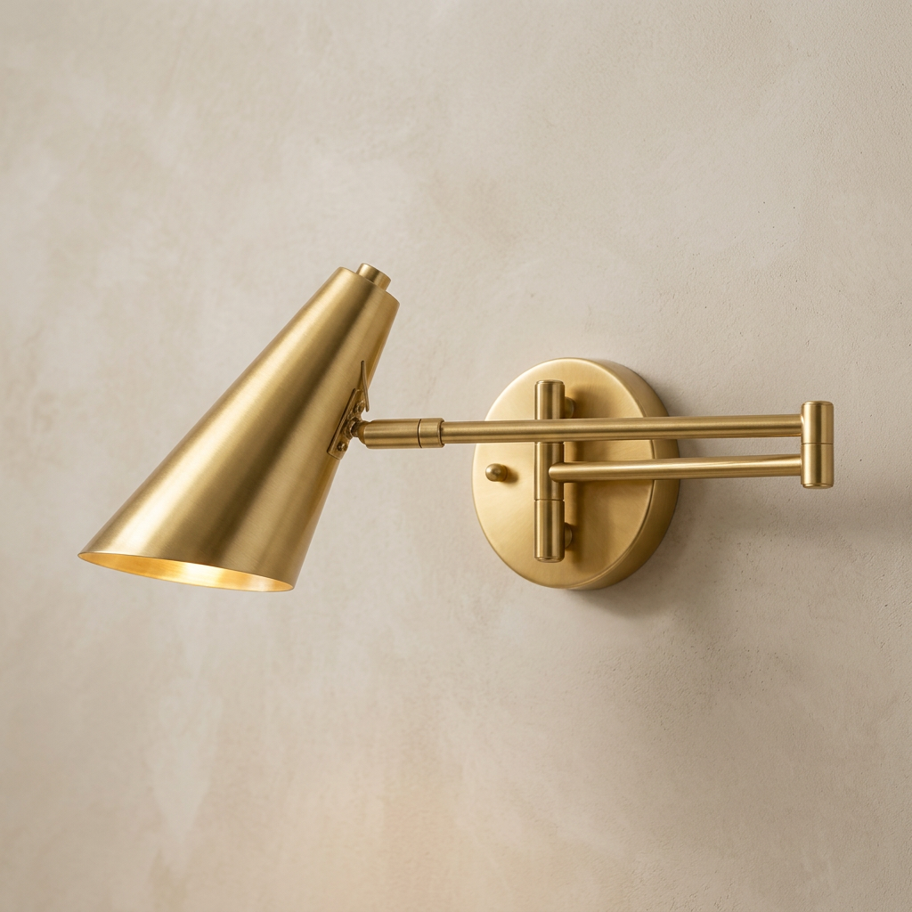 The Pivot, gold industrial swing arm wall light with cone shade, mounted on plaster wall — Selden Home product photography
