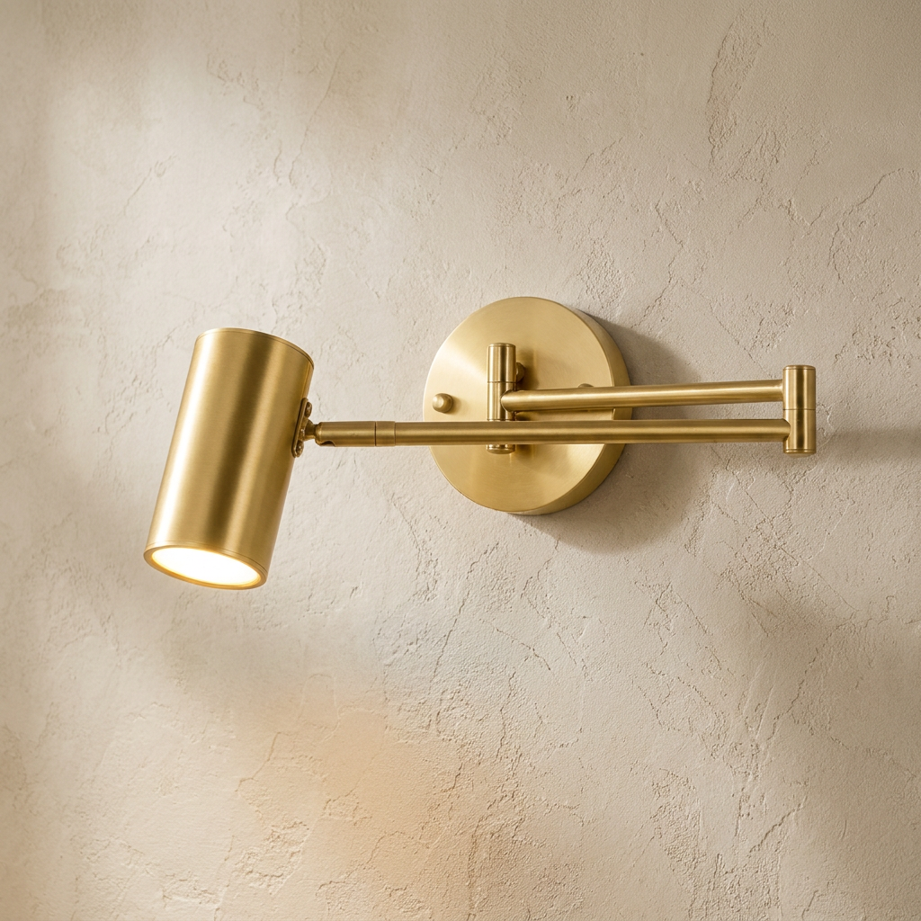 The Pivot, gold industrial swing arm wall light with cylinder shade, mounted on plaster wall — Selden Home product photography