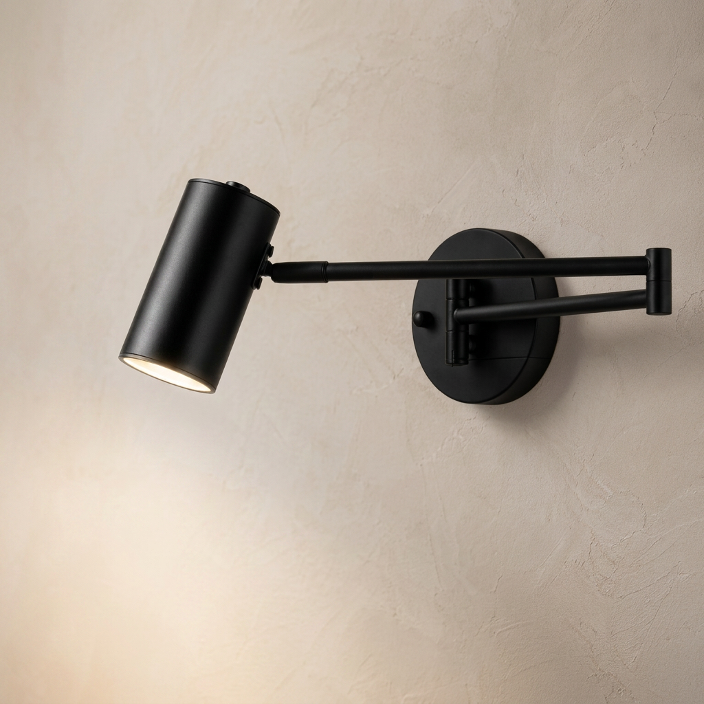 The Pivot, black industrial swing arm wall light with cylinder shade, mounted on plaster wall — Selden Home product photography