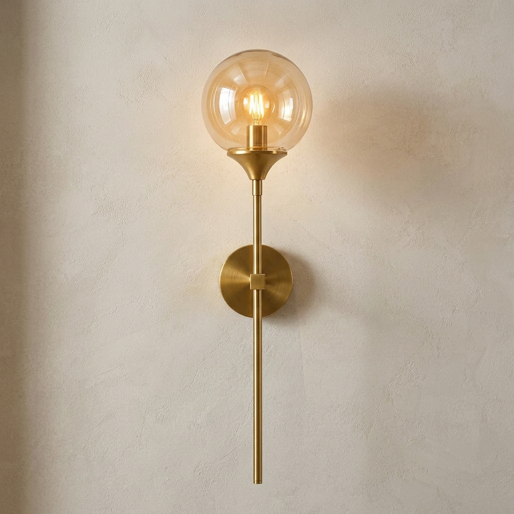 The Reed, gold long-stem wall sconce with amber glass globe, mounted on plaster wall — Selden Home product photography