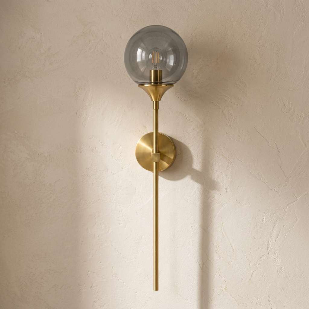 The Reed, gold long-stem wall sconce with smoke grey glass globe, mounted on plaster wall — Selden Home product photography