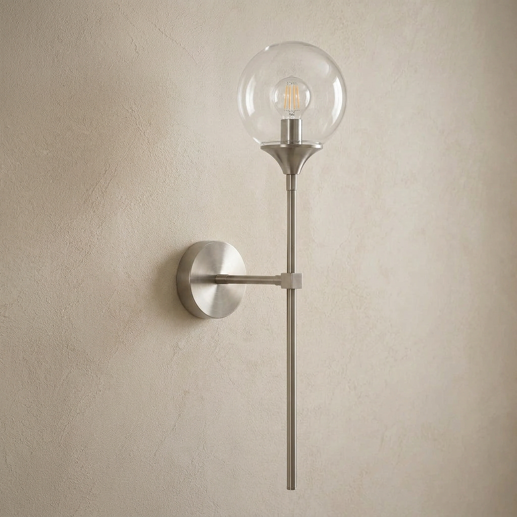 The Reed, silver long-stem wall sconce with clear glass globe, mounted on plaster wall — Selden Home product photography