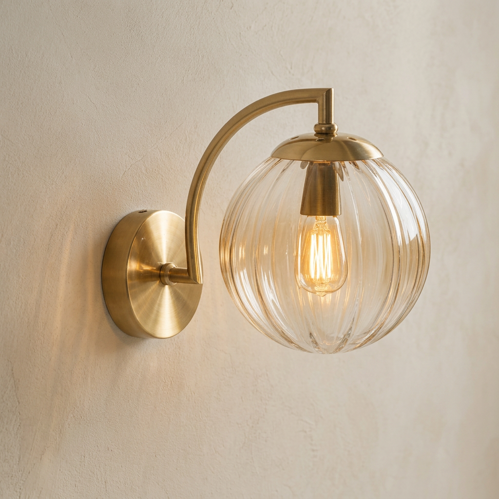 The Bloom, ribbed glass wall sconce, amber glass on gold arm, mounted on plaster wall — Selden Home product photography