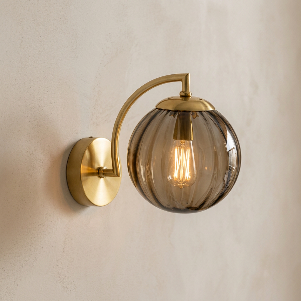The Bloom, ribbed glass wall sconce, coffee glass on gold arm, mounted on plaster wall — Selden Home product photography